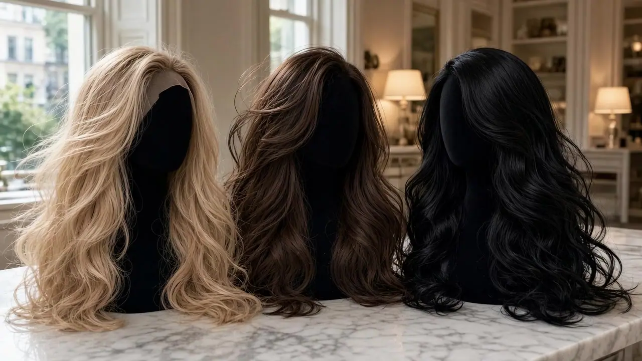 Drei Echthaarperücken – blond, braun und schwarz – auf schwarzen Samt-Puppenköpfen in einem hellen Salon