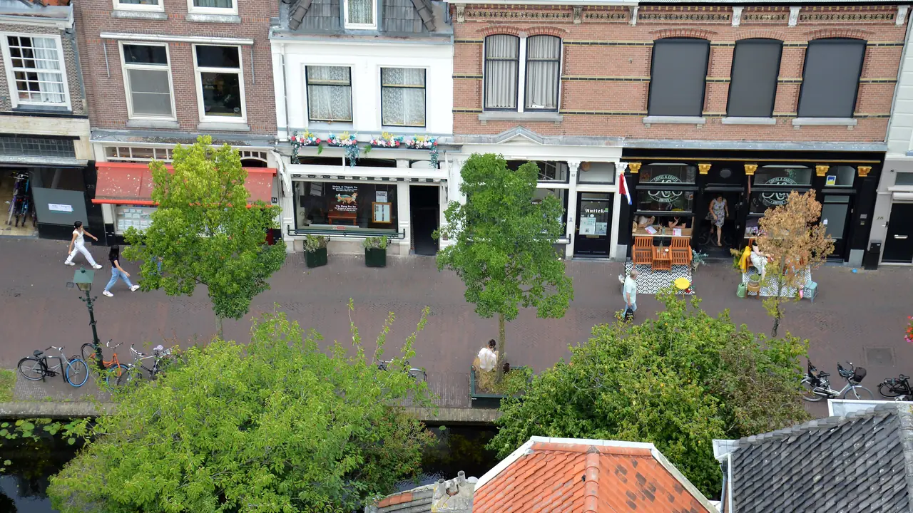 Gevels en daken aan de Voldersgracht in Delft, van bovenaf gezien