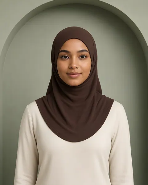 Kapuzen-Hijab aus Jersey – Schokolade – getragen
