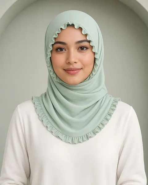 Hijab en jersey à bord froncé – Vert d’eau – porté