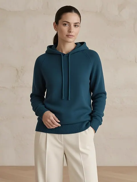 Felpa con cappuccio in cashmere – petrolio, Cashmere · lavorato in Italia