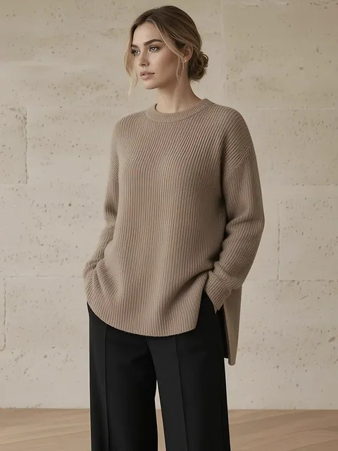 Maglia oversize a coste in cashmere – tortora, Cashmere · lavorato in Italia