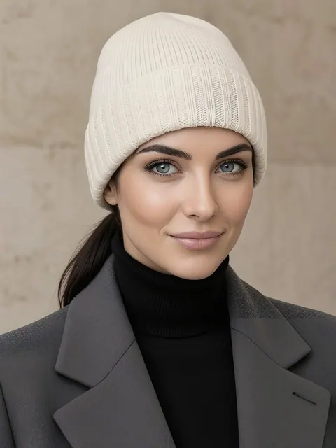 Berretto in cashmere con bordo a coste – crema, Cashmere · lavorato in Italia