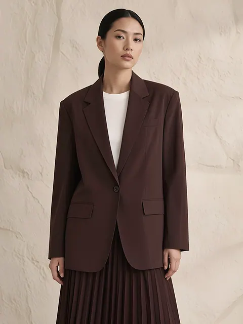 Langer Einknopf-Blazer – Kaffeebraun, Baumwolle