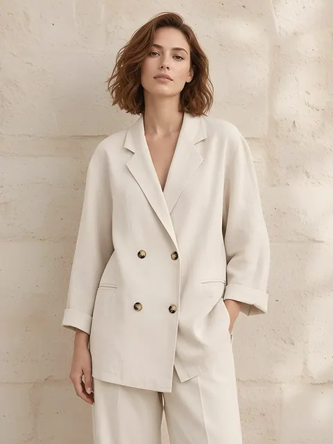 Lockerer Zweireiher-Blazer aus Leinenmischung – Beige, Leinenmischung · in Italien gefertigt