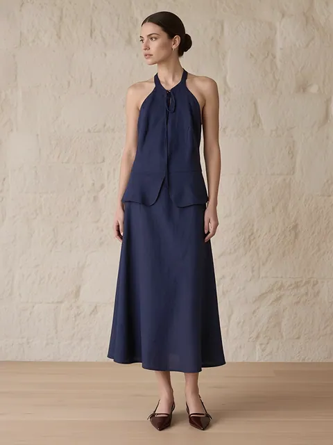 Halter midi-jurk van linnenmix – marineblauw, Linnenmix · gemaakt in Italië