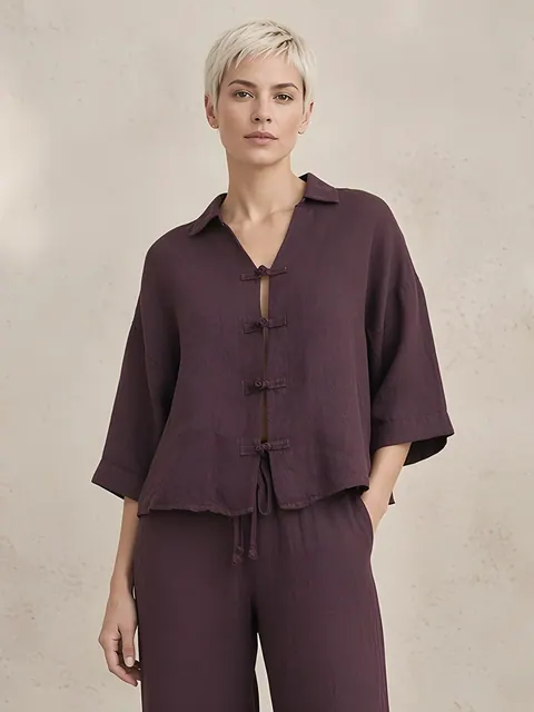Linnen blouse met knoopsluiting van lusjes – bordeaux, Linnen · gemaakt in Italië
