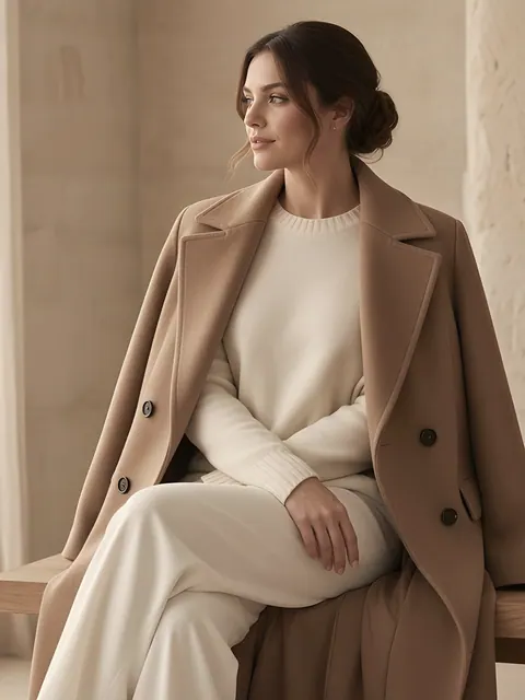Modelo con jersey de cachemira y abrigo camel