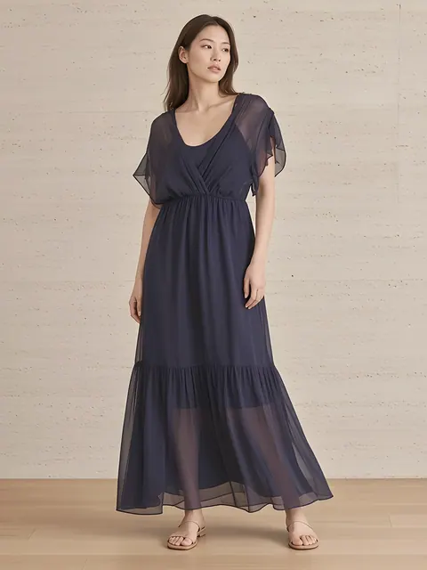 Lange chiffon jurk met overslag-V-hals – marineblauw, Chiffon van viscose en zijde