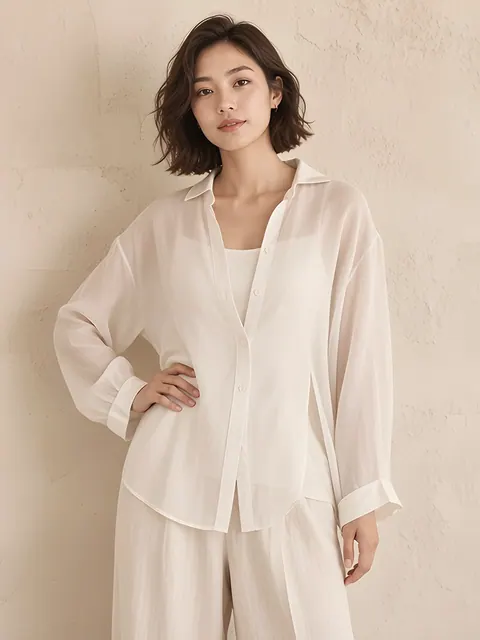 Chiffon blouse met lange mouwen – ivoor, Chiffon van viscose en zijde
