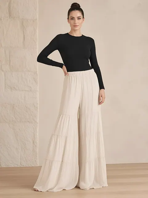 Wijde chiffon broek met volants – beige, Chiffon van viscose en zijde