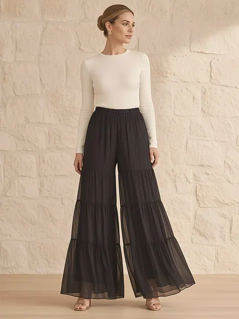 Wijde chiffon broek met volants – zwart, Chiffon van viscose en zijde