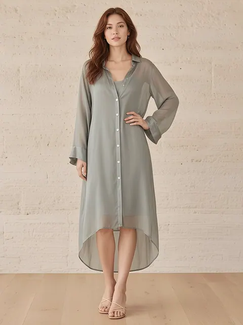 Zijden chiffon blousejurk – saliegroen, Zijdechiffon