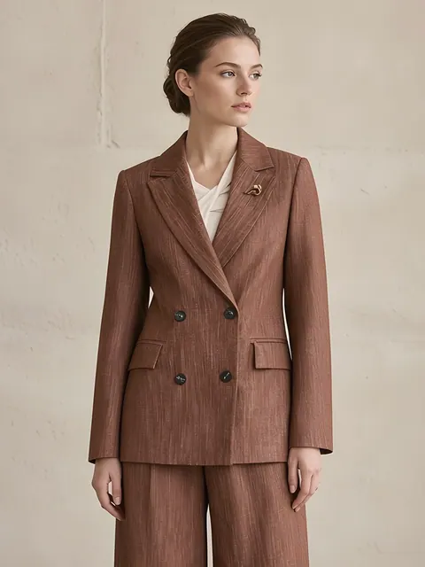 Melierter Zweireiher-Blazer mit Brosche – Kaffeebraun, Baumwolle · in Italien gefertigt