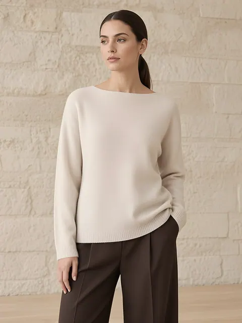 Jersey de cuello barco de lana y cachemira – beige, Lana y cachemira · tejido en Italia