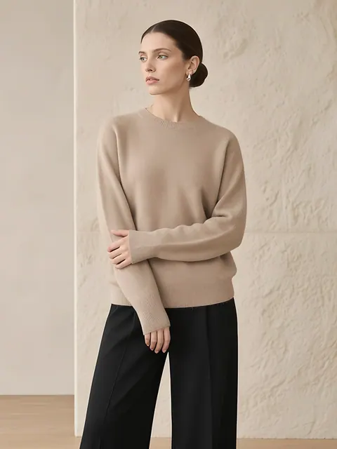 Jersey de cuello redondo de lana y cachemira – camel, Lana y cachemira · tejido en Italia