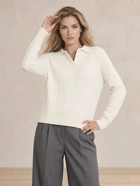 Jersey polo de ochos de lana – crema, Lana pura