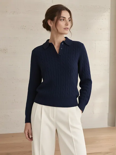 Jersey polo de ochos de lana – azul marino, Lana pura