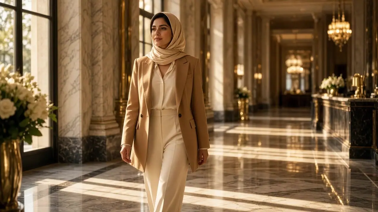 Donna con foulard e blazer cammello che attraversa un atrio di marmo assolato