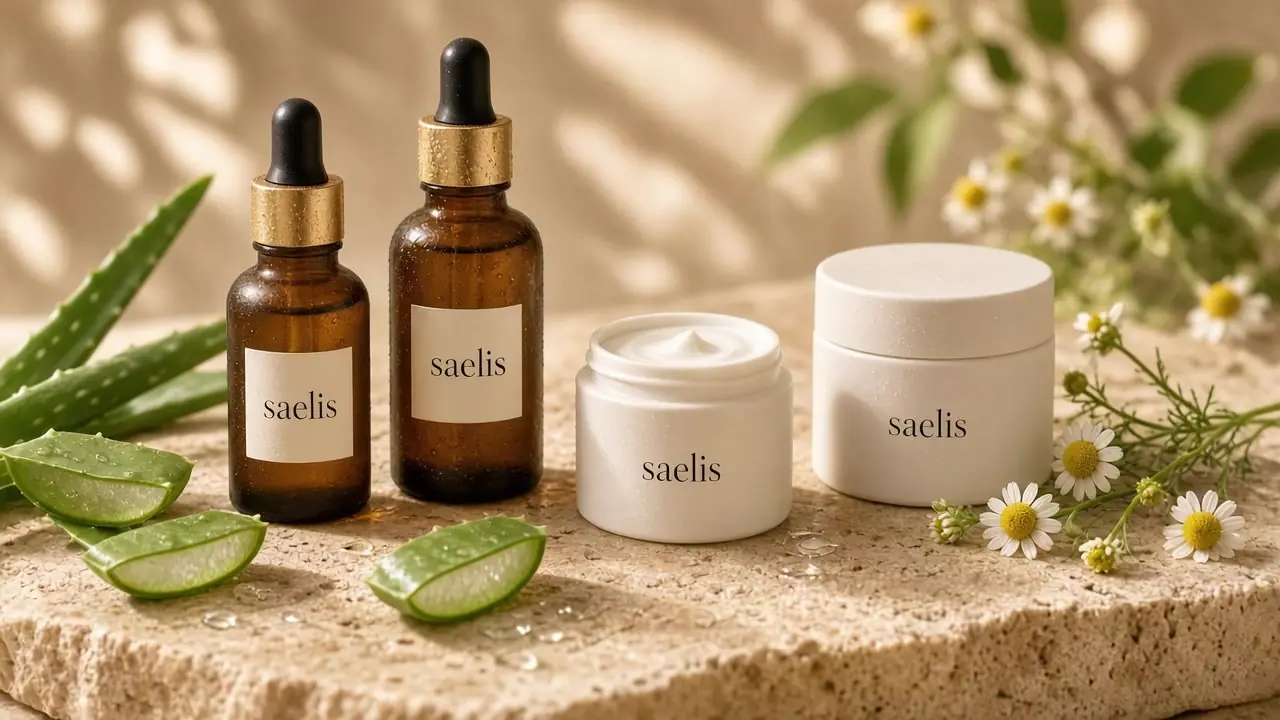 Saelis Braunglasflaschen und ein weißer Tiegel zwischen Aloe und Kamille auf Travertin